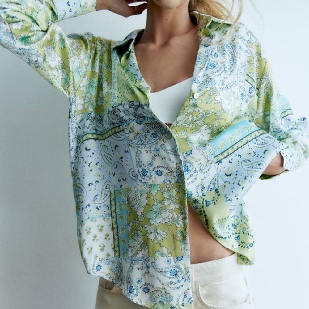 Zara Satin Patchwork Paisley Button Shirt